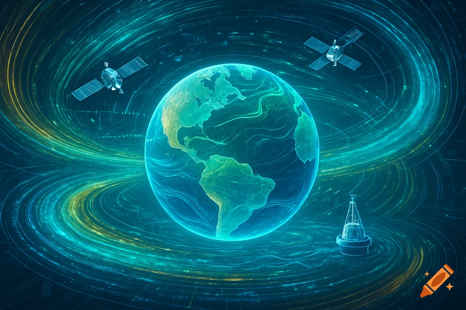 Abstract digital illustration of a glowing Earth with satellites and a buoy amidst swirling teal and yellow energy.