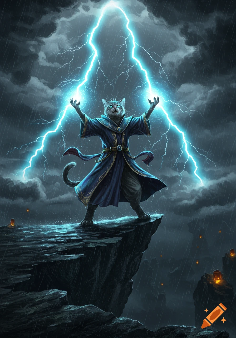 A majestic cat wizard in blue robes stands on a cliff during a thunderstorm, conjuring bright lightning bolts.
