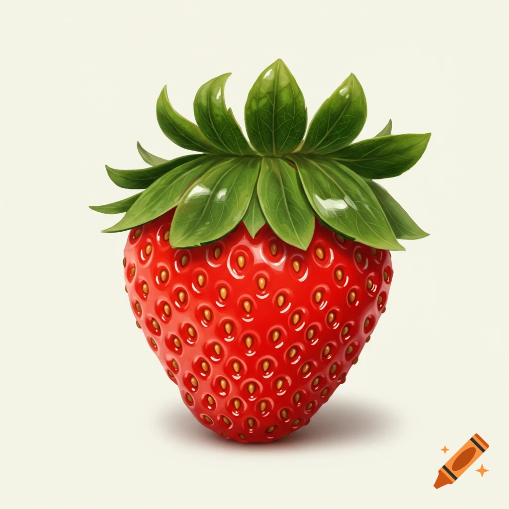 A vibrant red strawberry with bright green leaves, set against a plain background.