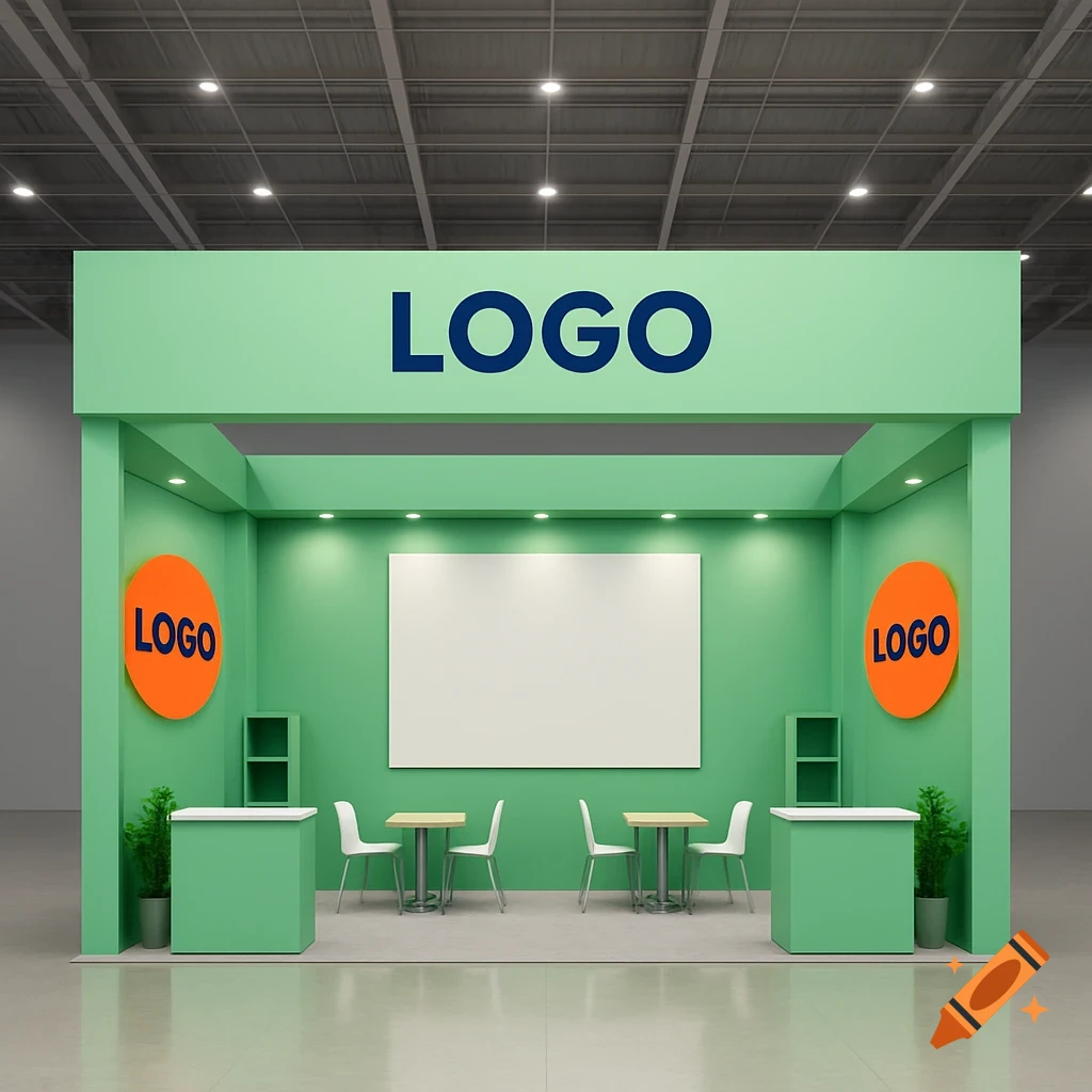 A modern exhibition booth in light green with blue 'LOGO' text on top and orange 'LOGO' circles, a white display screen, tables, and chairs.