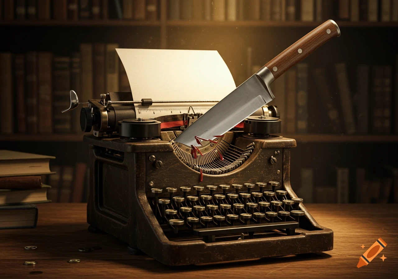 A close-up of a vintage typewriter on a wooden desk with a large kitchen knife plunged into its type bar mechanism, blood dripping from the blade. Bookshelves are blurred in the background.