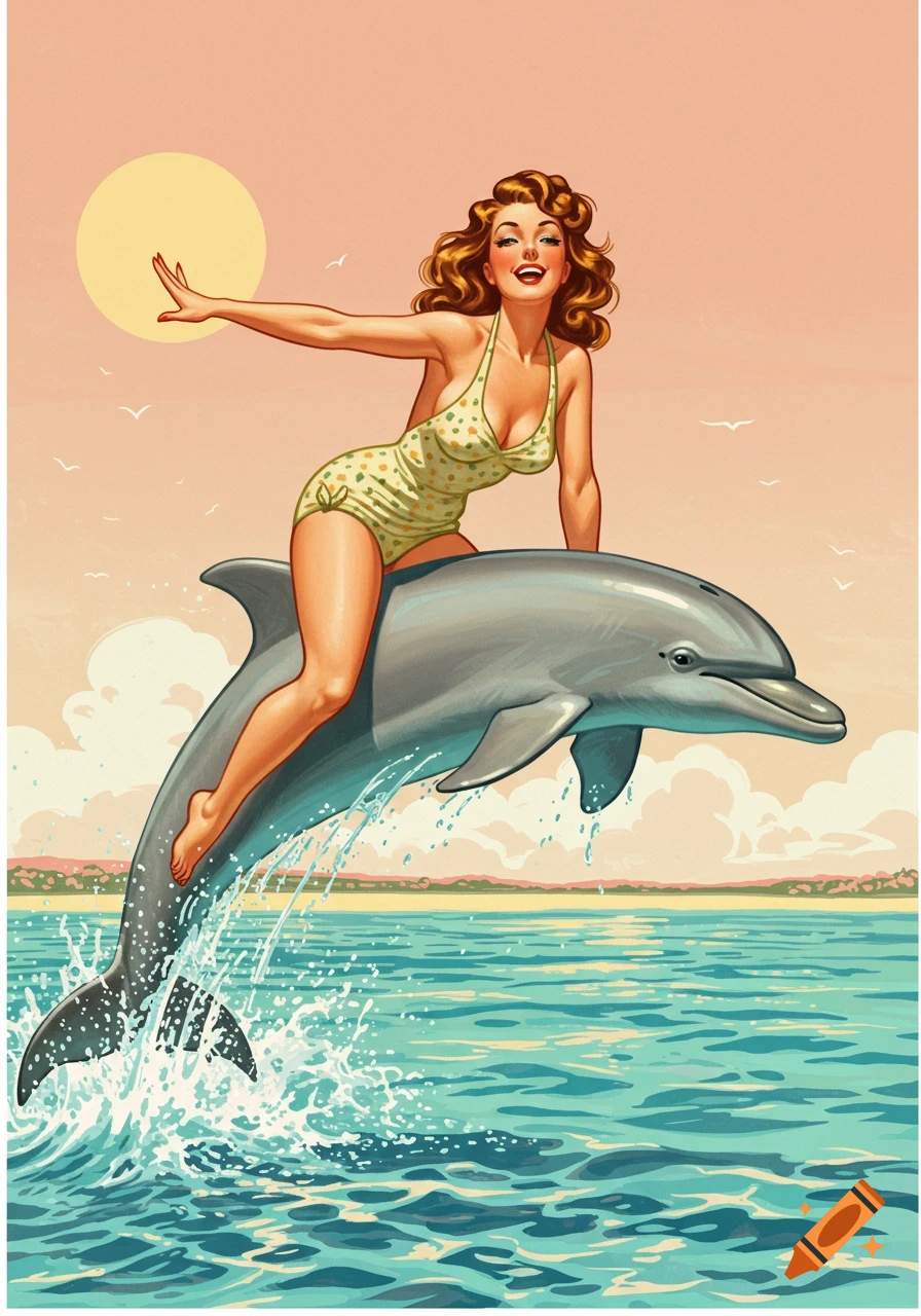 Pin-up illustration of a smiling woman in a polka-dot swimsuit riding a jumping dolphin in the ocean at sunset.