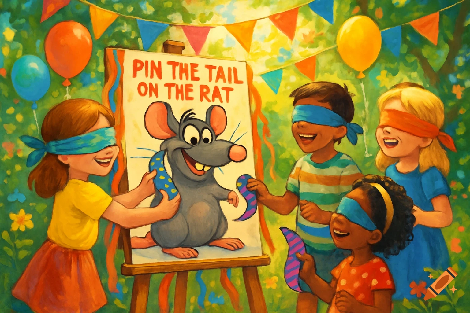 Blindfolded children play 'Pin the Tail on the Rat' game at a colorful outdoor party. Illustration.