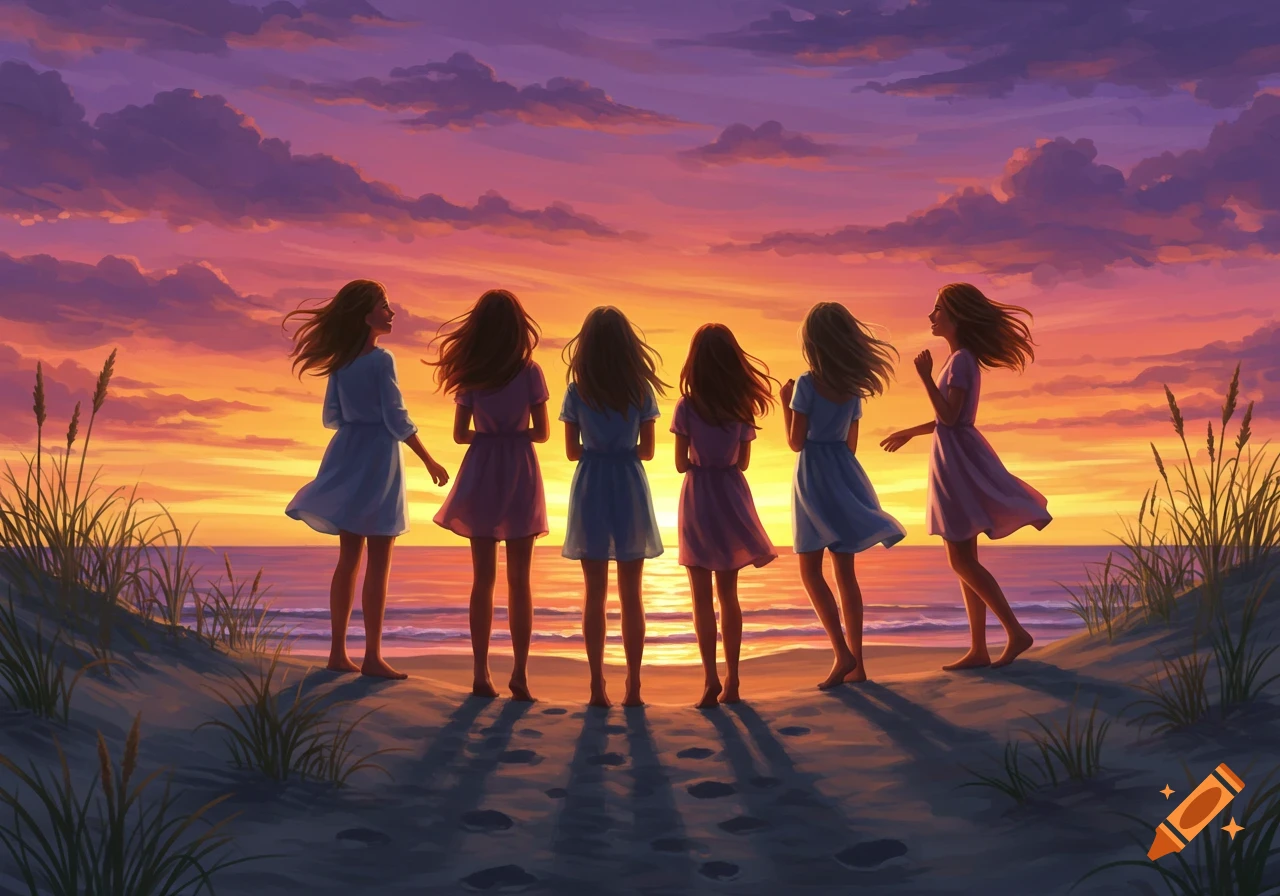 Six women on a sandy beach watch a vibrant sunset over the ocean, in a digital painting style.