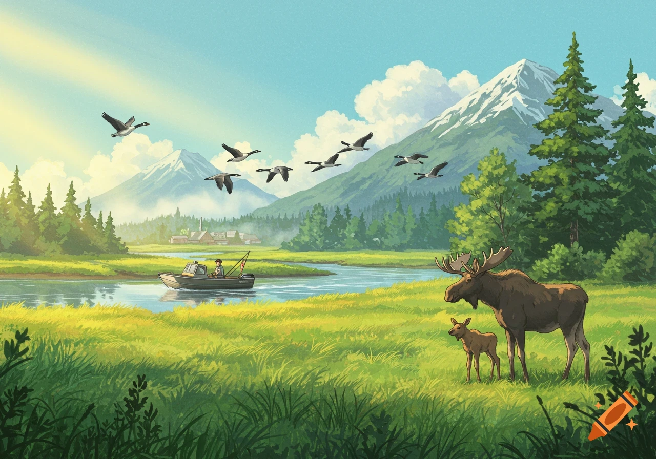 A Studio Ghibli style illustration of an Alaskan landscape with snow-capped mountains, a winding river with a boat, flying geese, and a moose and calf in a grassy field.