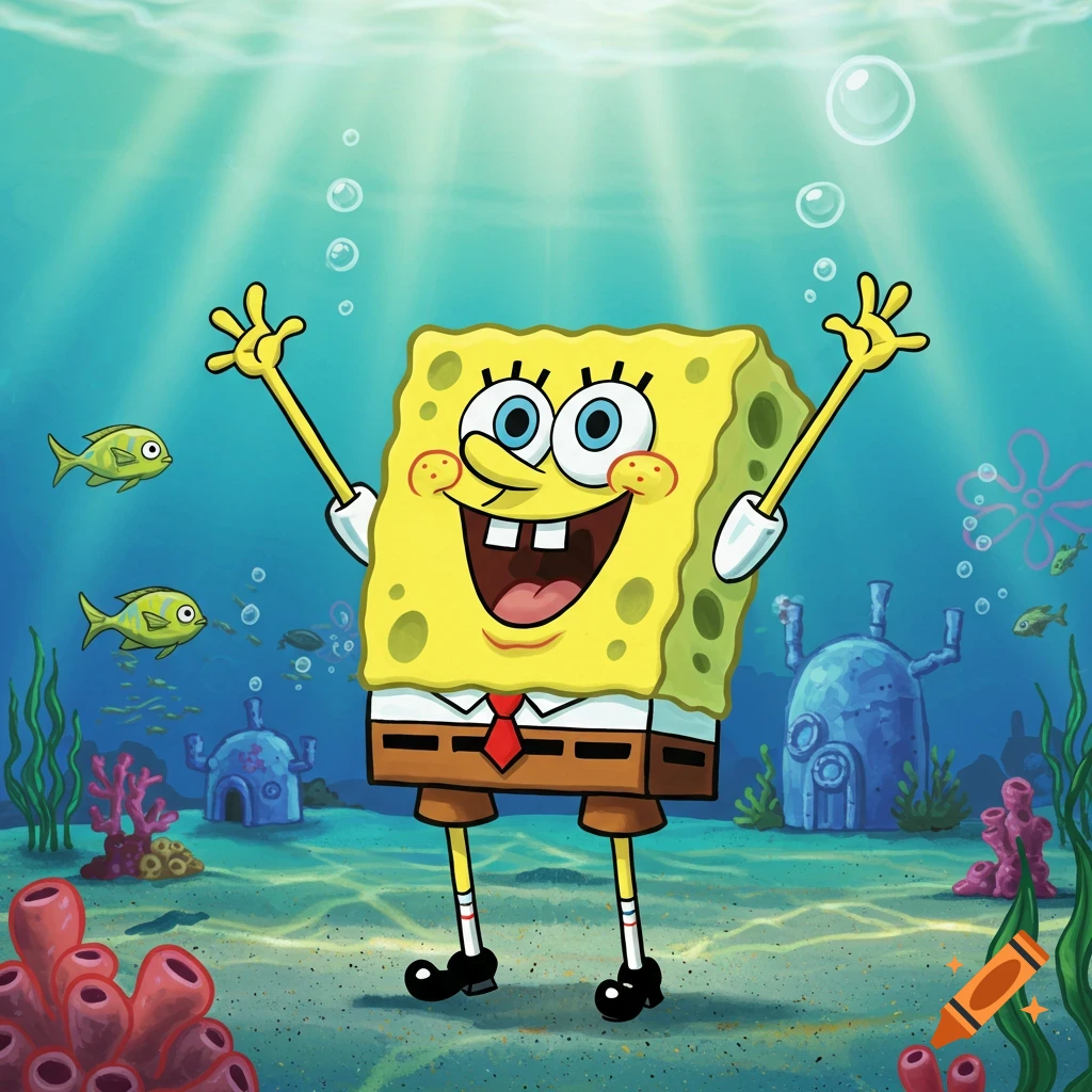 A happy Spongebob Squarepants with arms raised, smiling underwater amidst coral, fish, and structures, in a vibrant cartoon style.