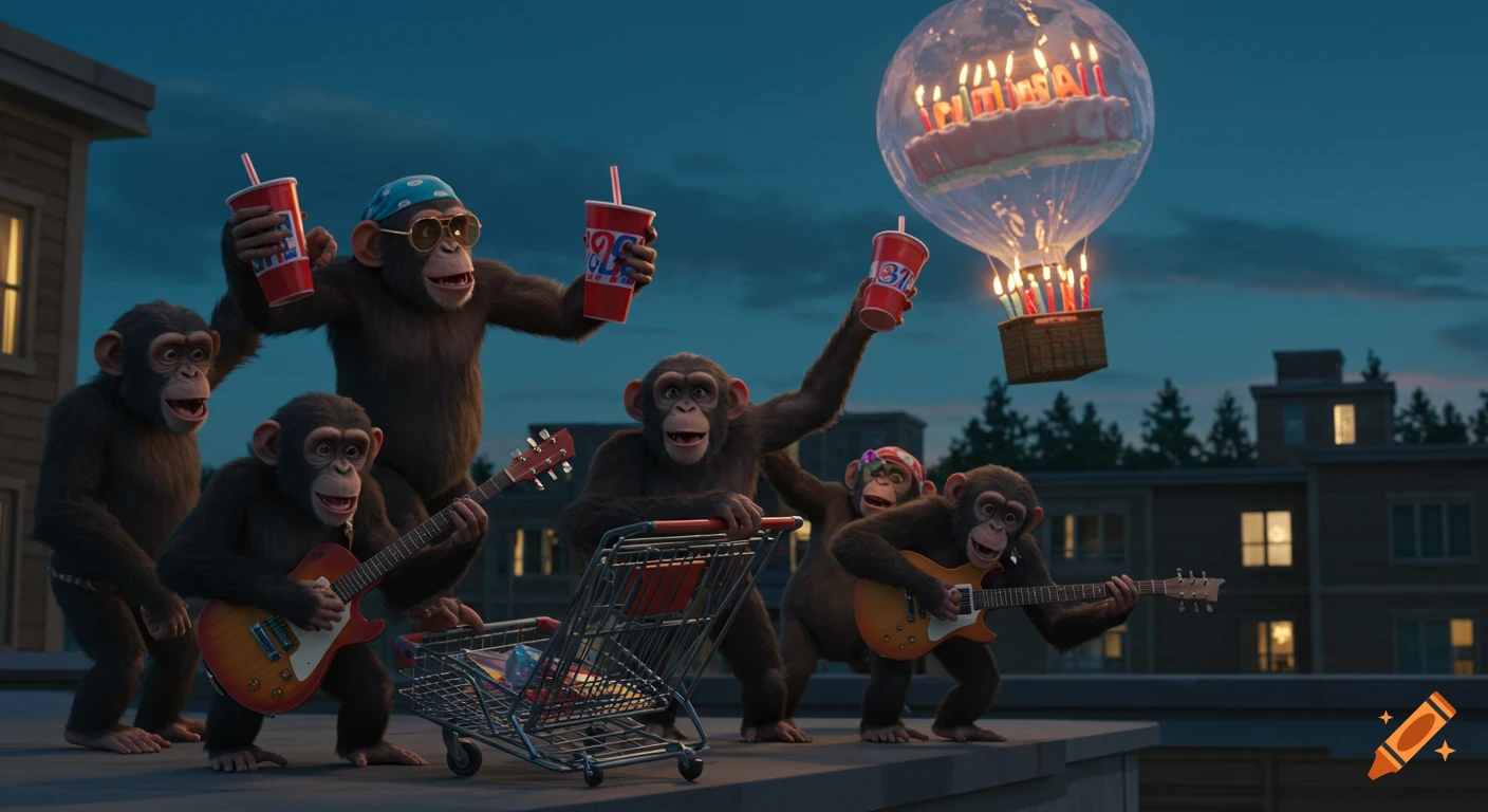 A group of excited chimpanzees play electric guitars, hold soda cups, and push a shopping cart on a roof. A birthday cake balloon floats above.