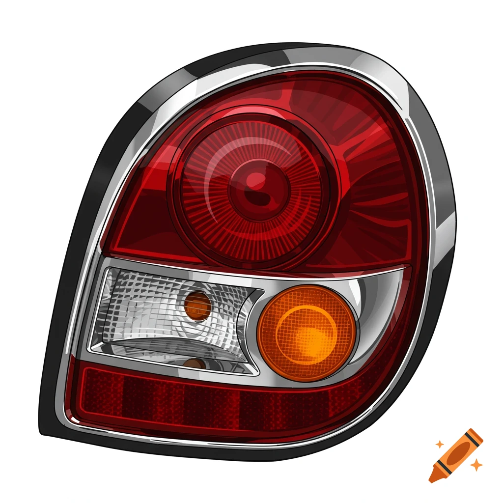 A vector illustration of a car taillight with a red main light, an orange turn signal, and a white reverse light, all framed by chrome.