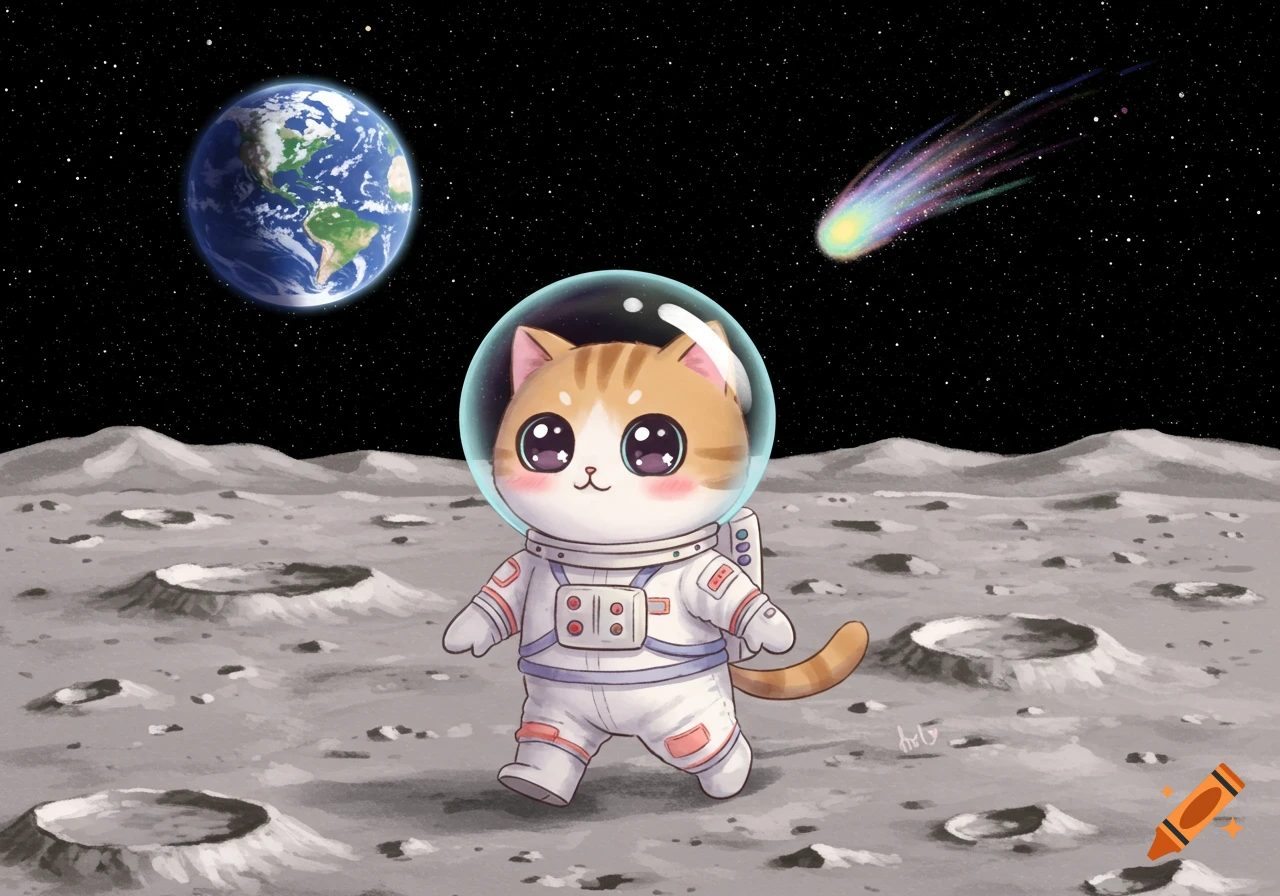 A cute kawaii cartoon cat in an astronaut suit walks on the moon, with Earth and a comet in the starry sky.