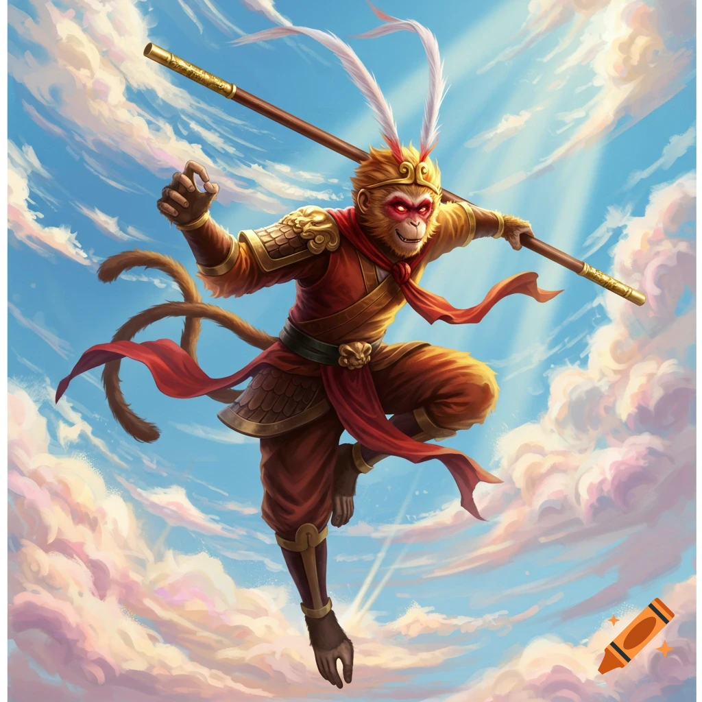 The Monkey King, Sun Wukong, in golden armor and red sash, leaps through a blue sky with white clouds, holding his staff.