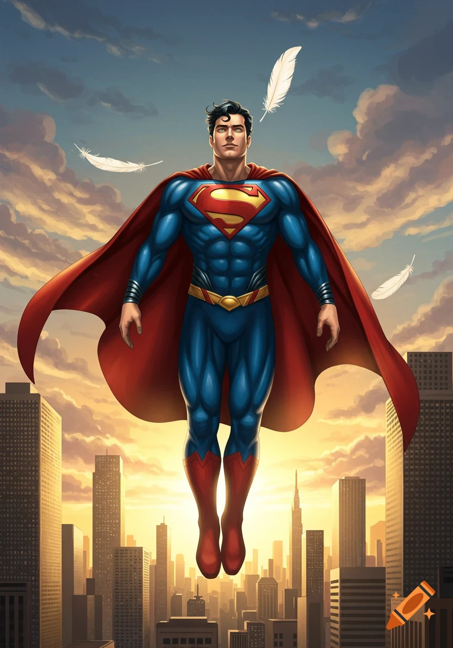 Superman flies over a city skyline at sunset, with white feathers floating around him in a comic book art style.
