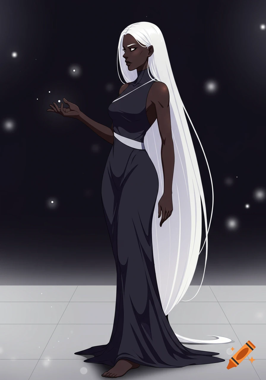 An anime-style woman with dark skin and long white hair, wearing an elegant black dress, stands with her hand extended, surrounded by glowing particles.
