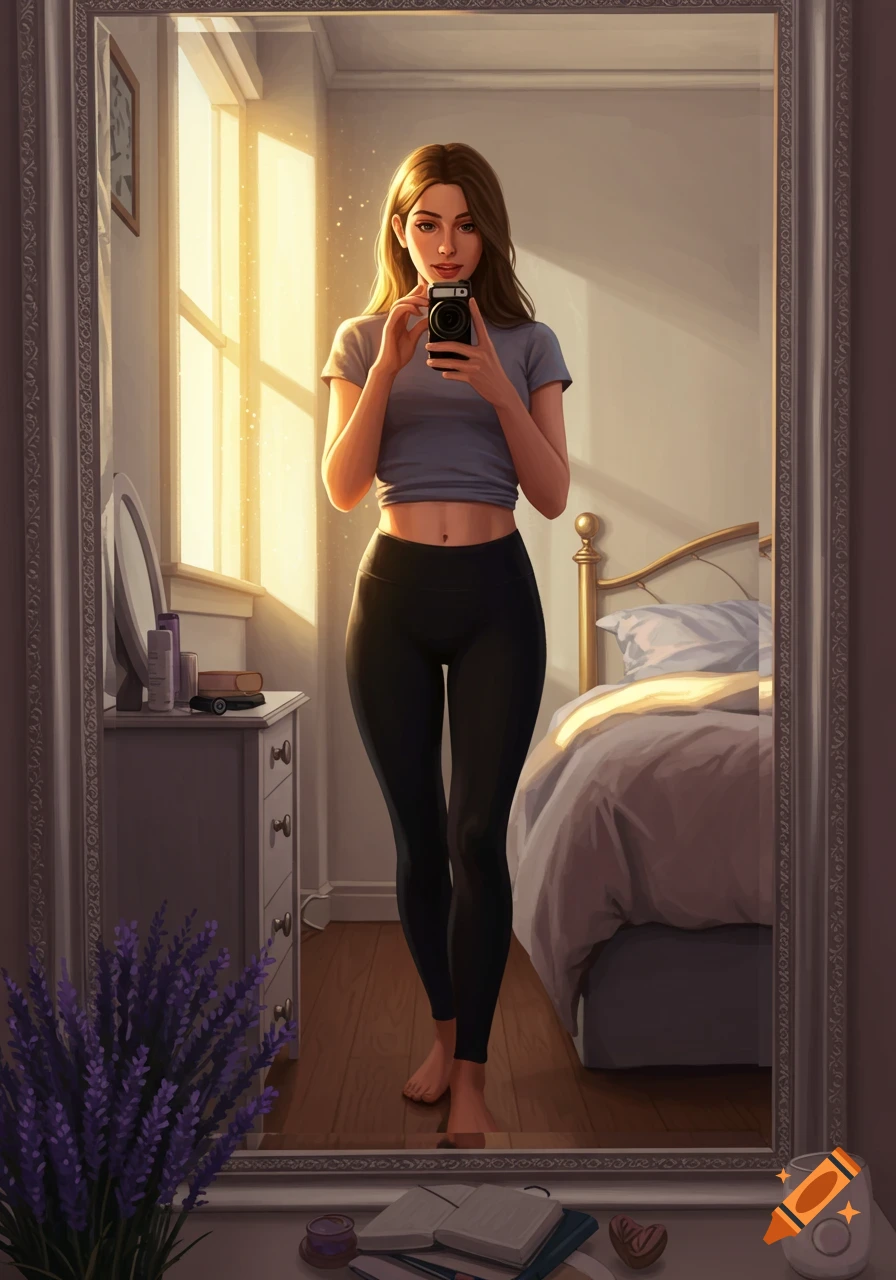 Digital illustration of a young woman in a crop top and black leggings taking a mirror selfie in a sunlit bedroom.