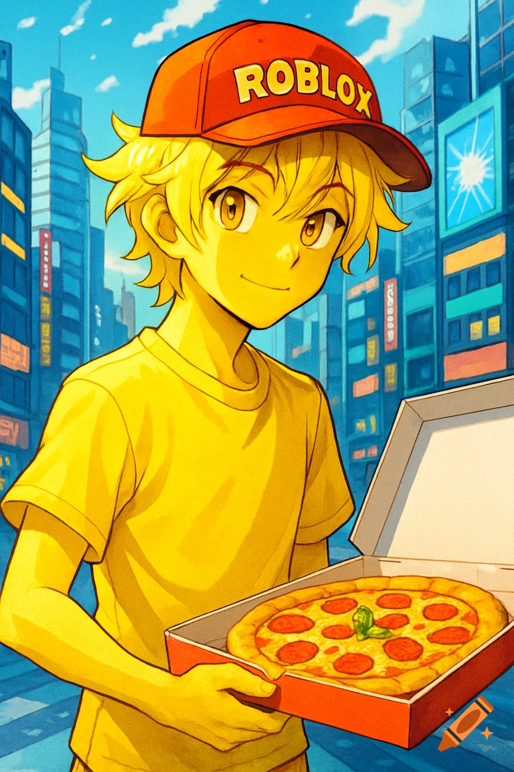 An anime boy with yellow hair and skin wears a red Roblox hat and holds an open pizza box in a city setting.