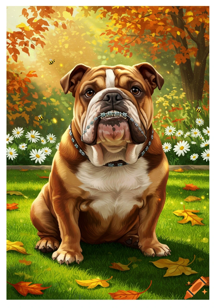 Illustrated bulldog with braces sits in an autumn field with fallen leaves, daisies, and bees, bathed in golden sunlight.