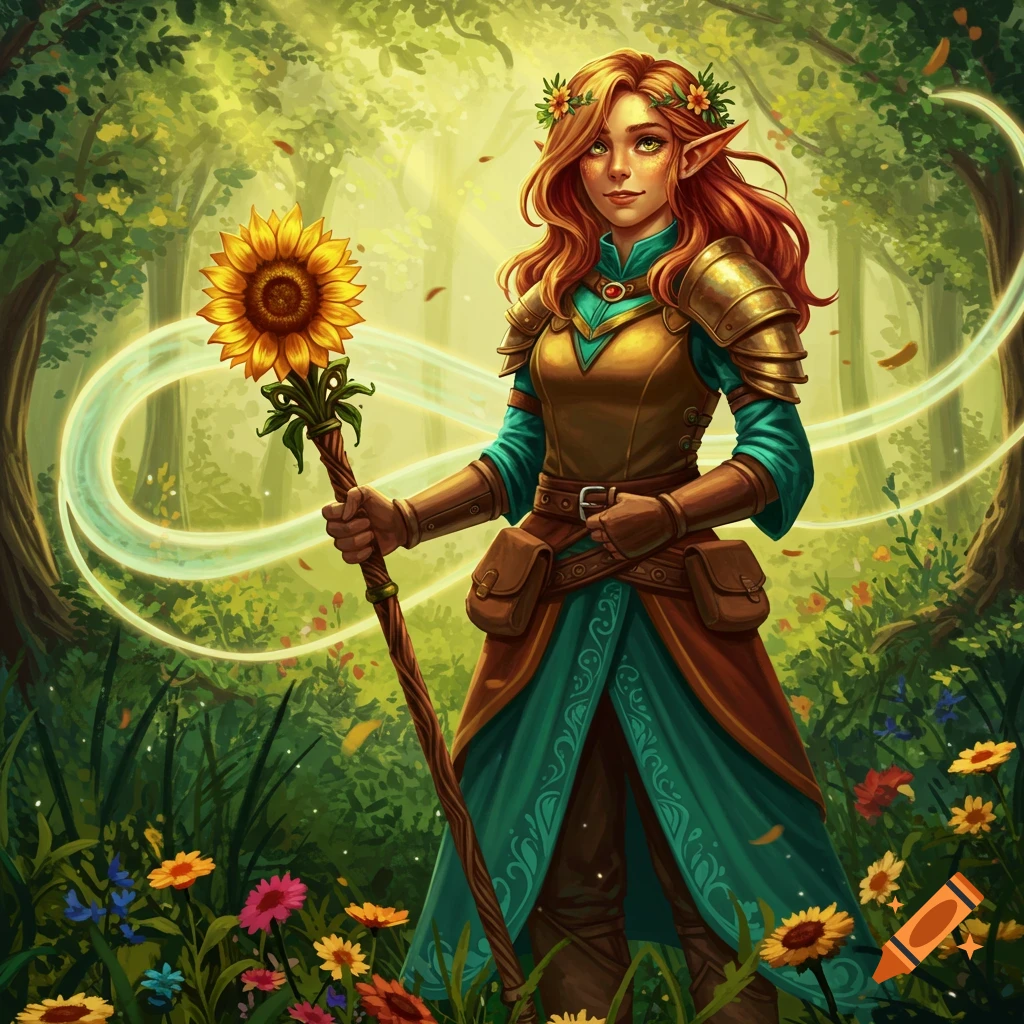 A detailed illustration of a strawberry blonde Summer Eladrin cleric with hazel eyes, wearing armor and a flower crown, holding a sunflower staff in a bright forest.