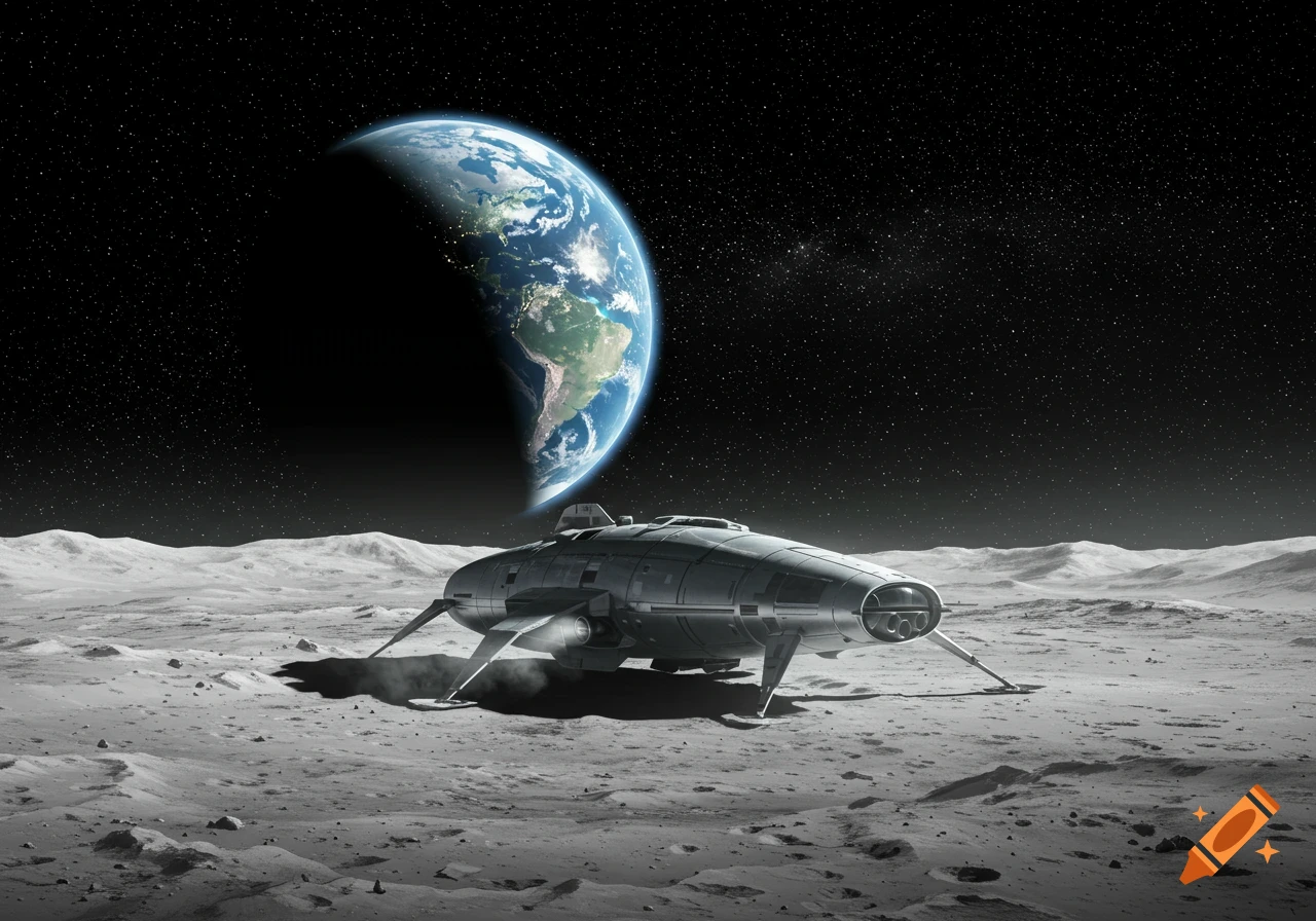 A sleek spacecraft rests on the moon's cratered surface with the Earth partially visible in the starry sky.