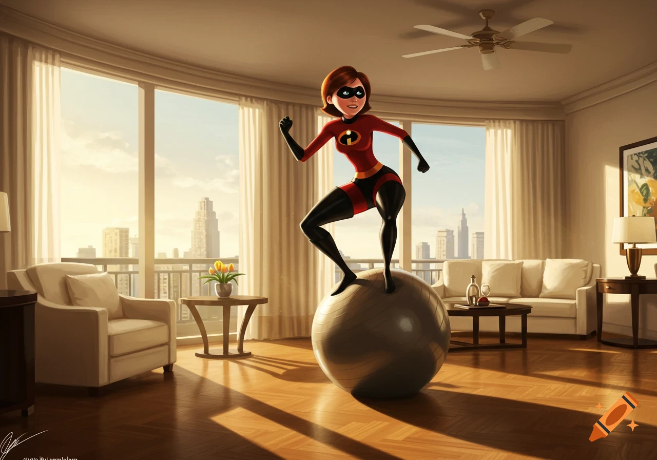 Animated Elastigirl in a red suit balances on an exercise ball in a sunny hotel room with a cityscape.