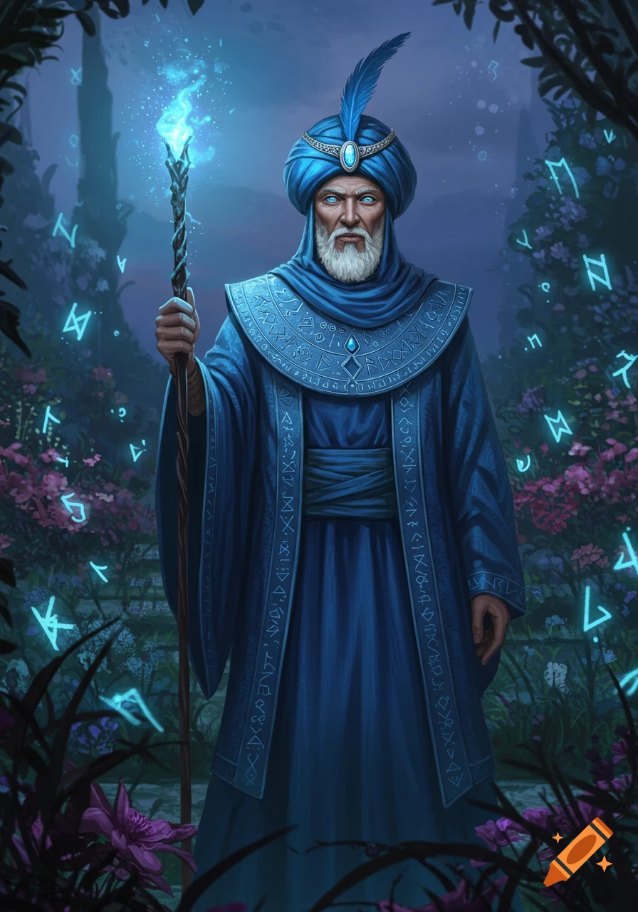A white-bearded wizard in blue robes and a turban holds a glowing staff in a magical garden with floating runes.