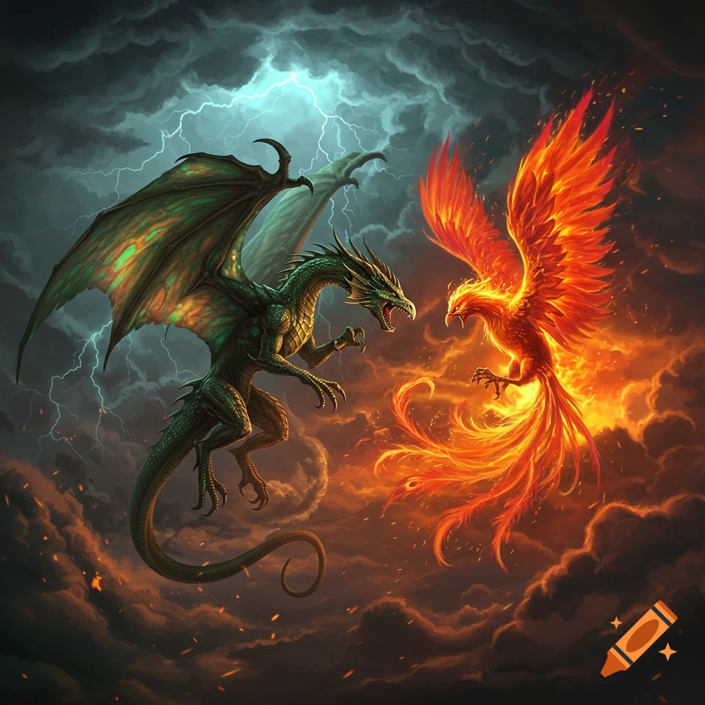 A vibrant green dragon and a fiery orange phoenix battle amidst a dramatic stormy sky with lightning and flames.