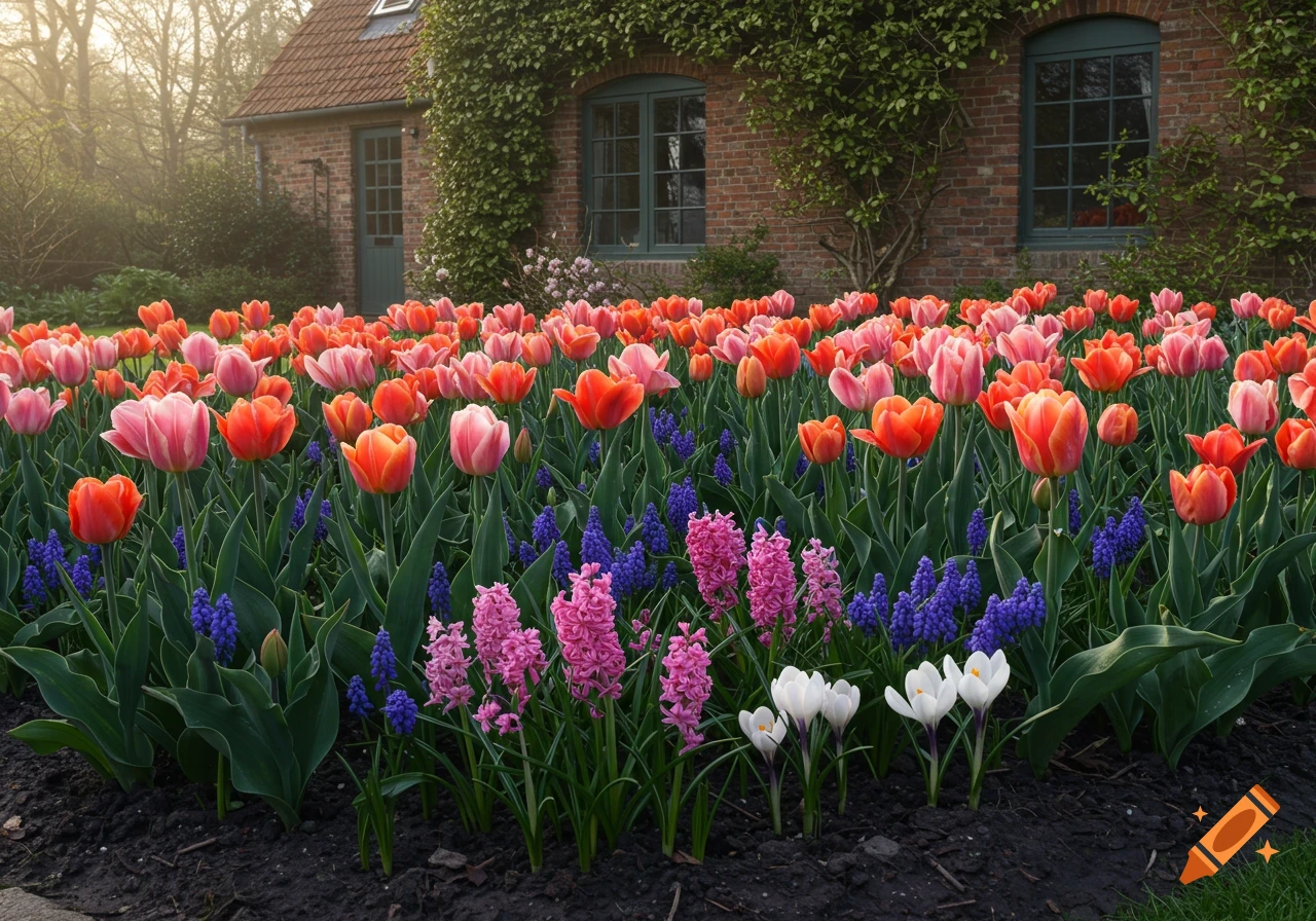 A vibrant flower bed in front of a brick house, featuring pink and orange tulips, purple grape hyacinths, pink hyacinths, and white crocuses.