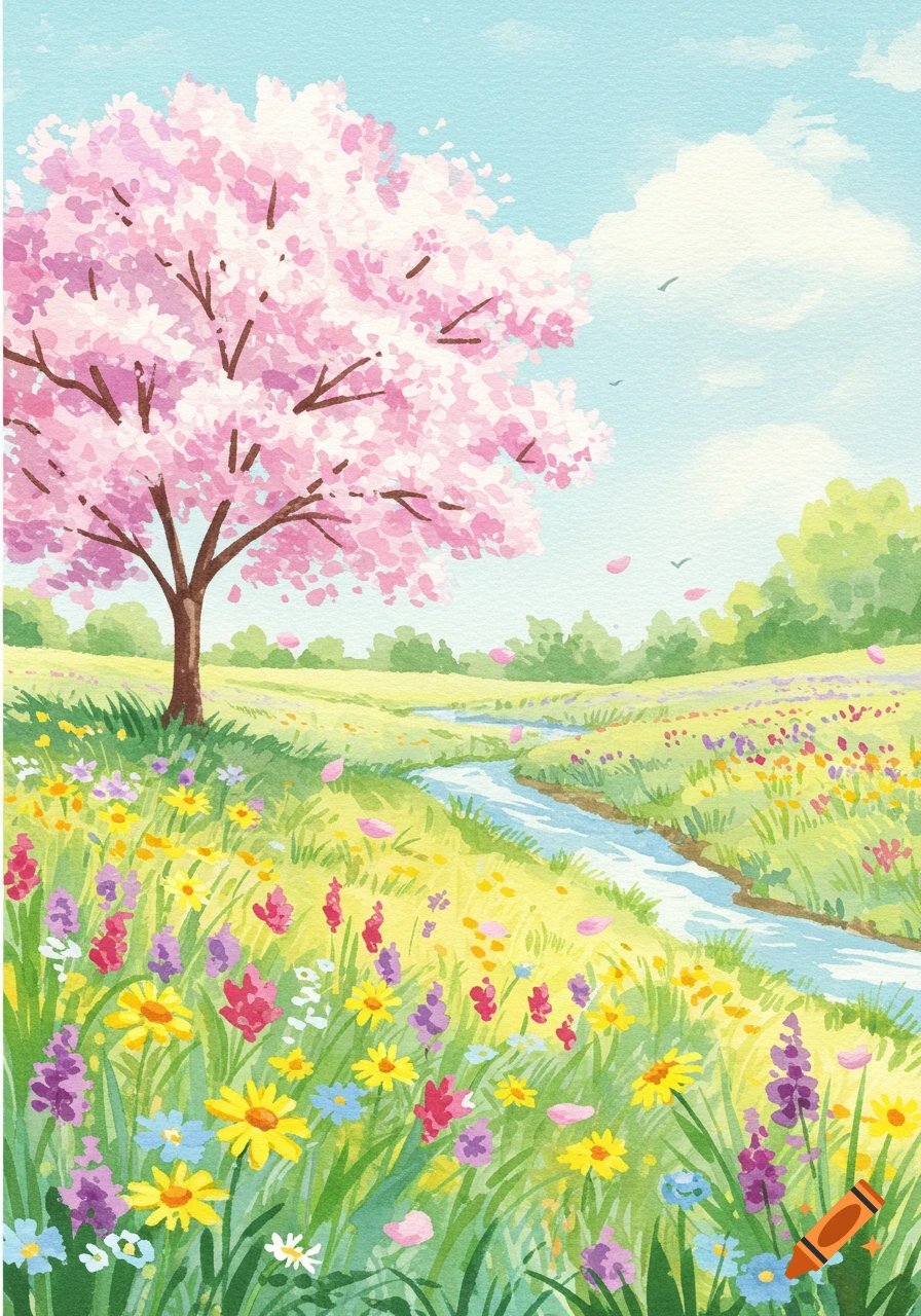 Watercolor illustration of a vibrant spring landscape with a pink cherry blossom tree, colorful wildflowers, and a winding stream.