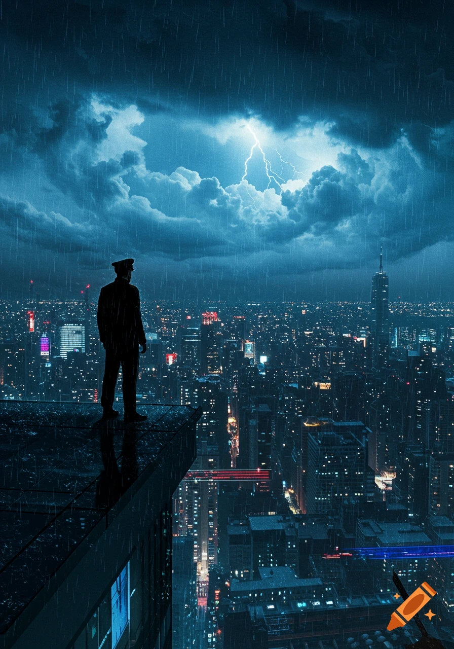 A man in a hat stands on a skyscraper ledge, gazing at a rainy cityscape under dark, stormy clouds with lightning.