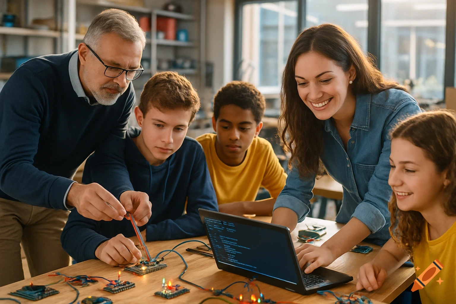 A diverse group of students and two teachers enthusiastically work on electronic circuits and code on a laptop in a technology workshop.