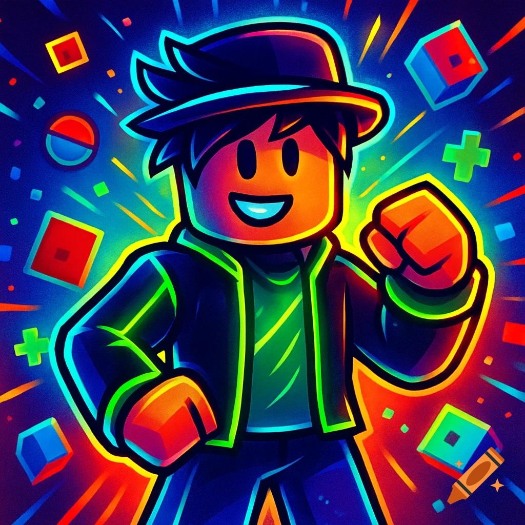 Vibrant, neon-lit Roblox-style avatar in a hat and jacket, smiling, surrounded by colorful shapes.