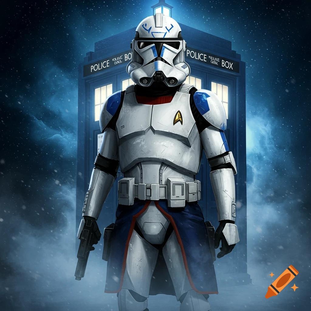 A character in white and blue Star Wars clone trooper armor, featuring a Starfleet emblem, stands with a pistol in front of a glowing Doctor Who TARDIS under a starry night sky.