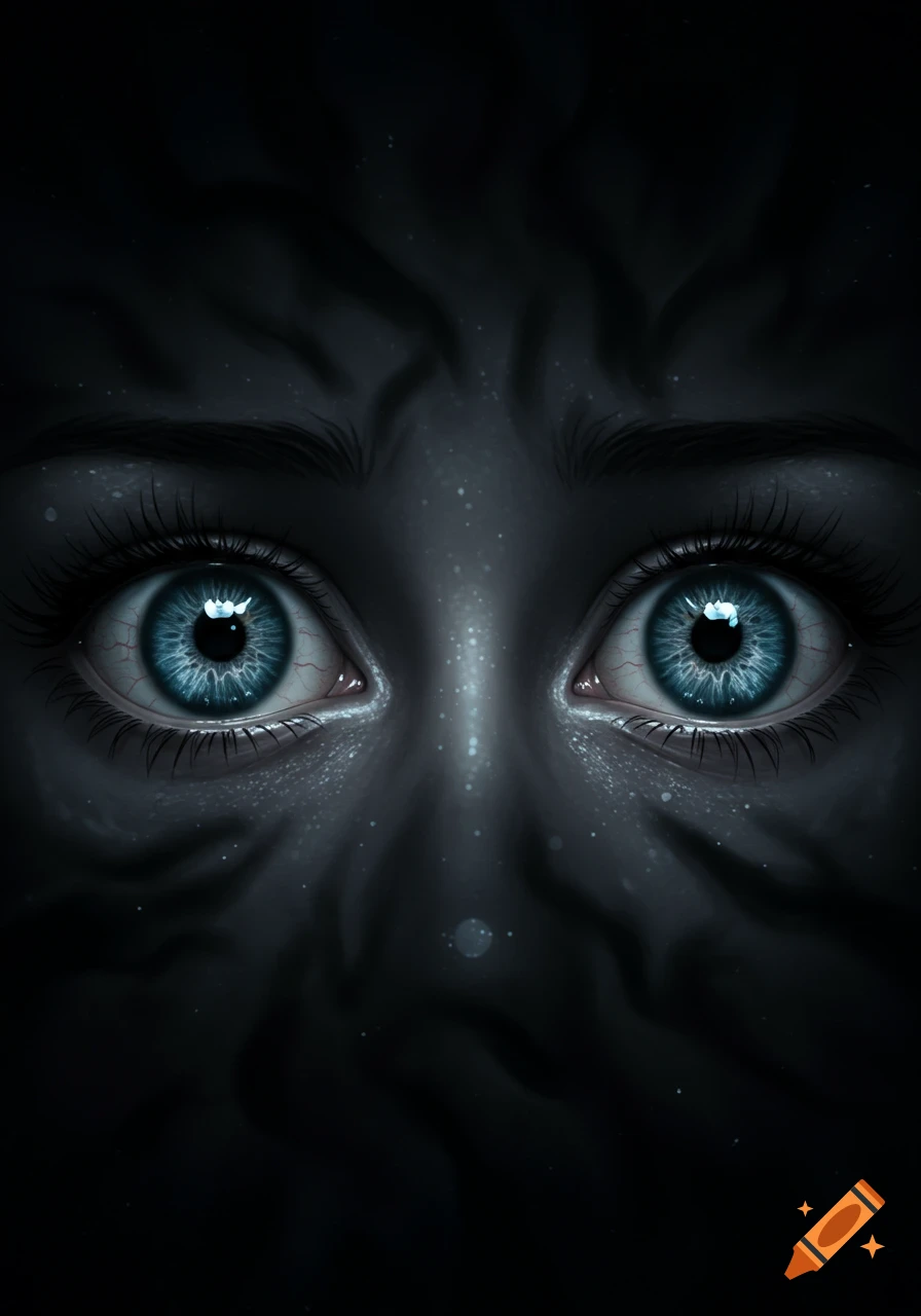 Close-up digital art of wide, scared blue eyes with long lashes and dark, shadowy skin, against a dark, sparkling background.