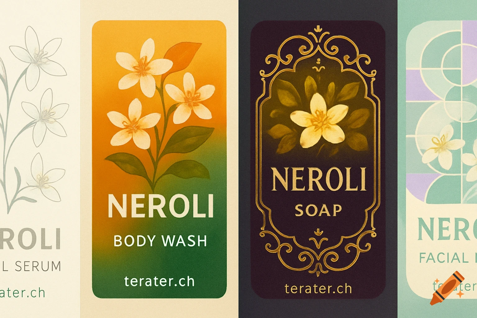 Four product labels for Neroli cosmetics, featuring botanical illustrations of white flowers and green leaves.