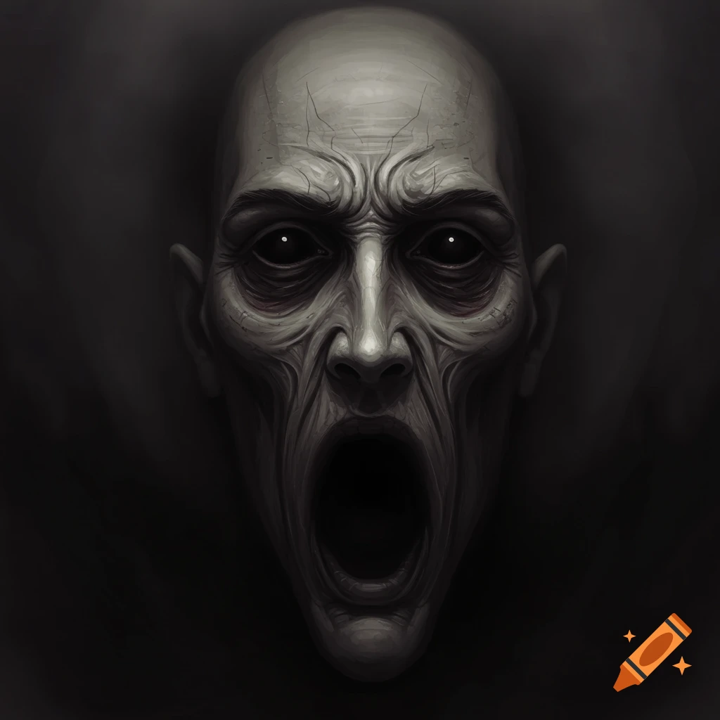 Close-up of a pale, gaunt, screaming face with black eyes in a dark, grotesque horror art style.