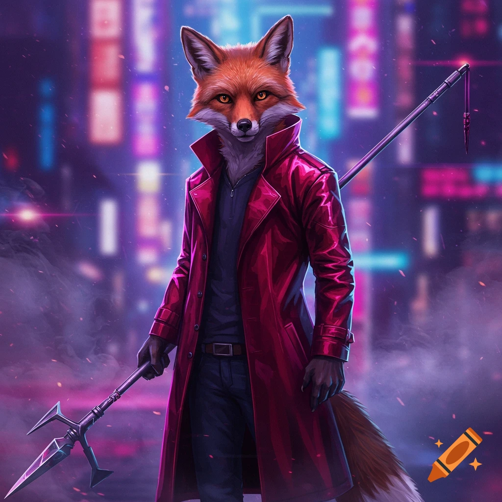 Anthropomorphic fox in a red trench coat holds a spear against a neon cyberpunk cityscape in outrun art style.