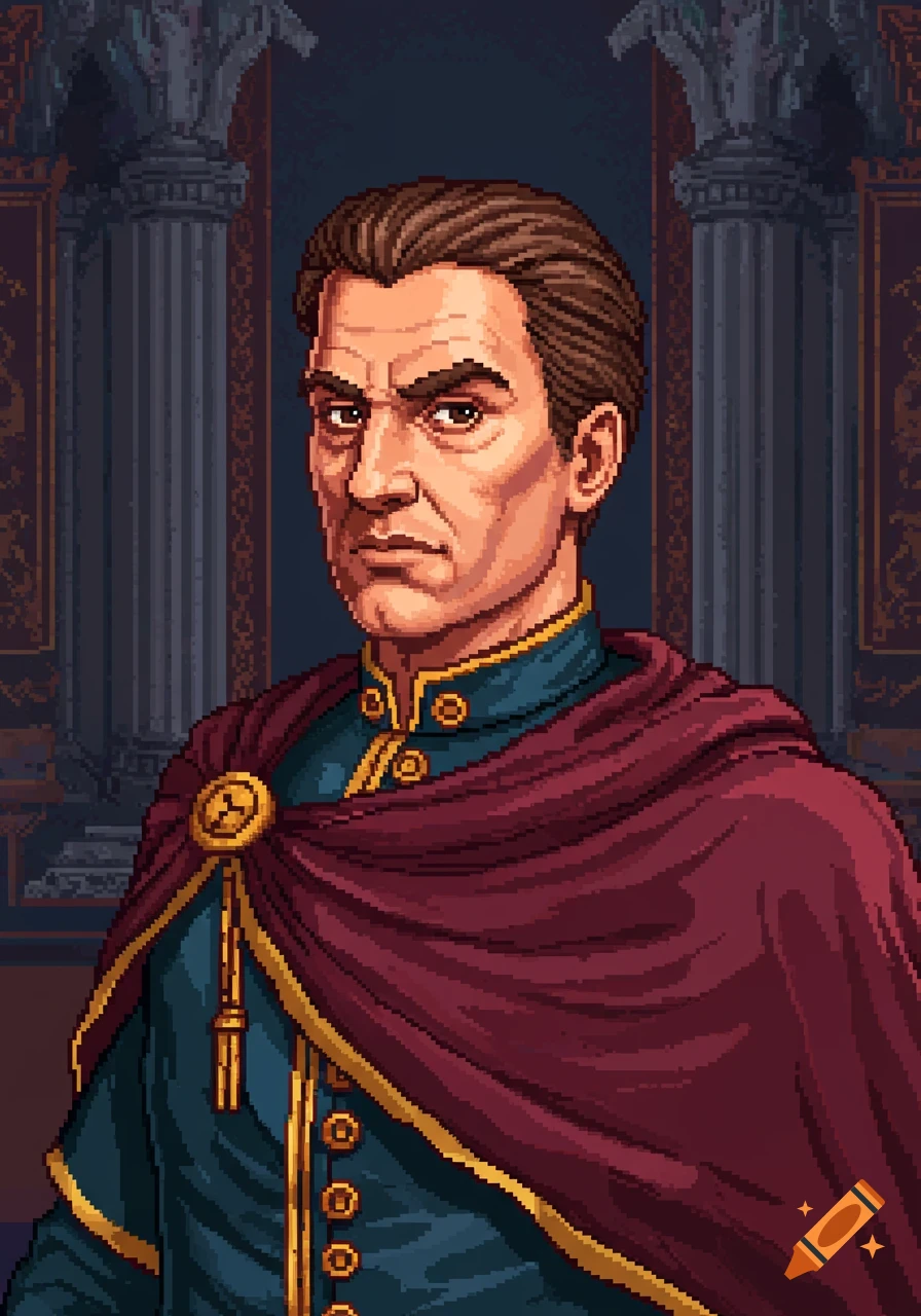 A pixel art portrait of a noble-looking man with brown hair, wearing a dark blue tunic and a red cape with a gold clasp.