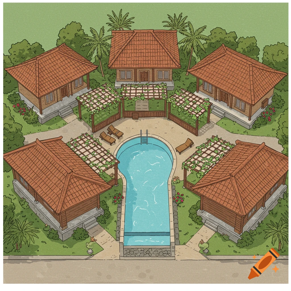 Aerial illustration of five Bali-style homes surrounding a keyhole-shaped community pool in a green landscape.
