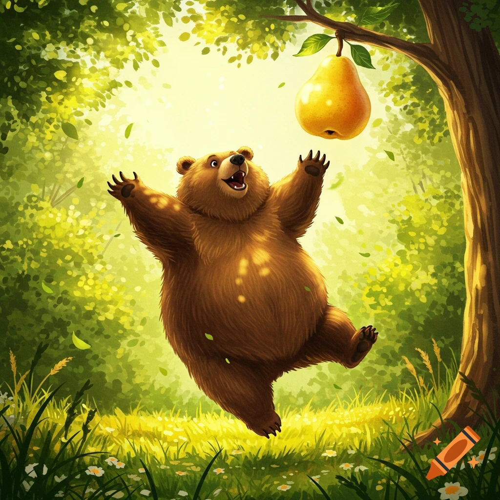 A happy cartoon bear jumps for a golden pear hanging from a tree in a sunny, green forest illustration.
