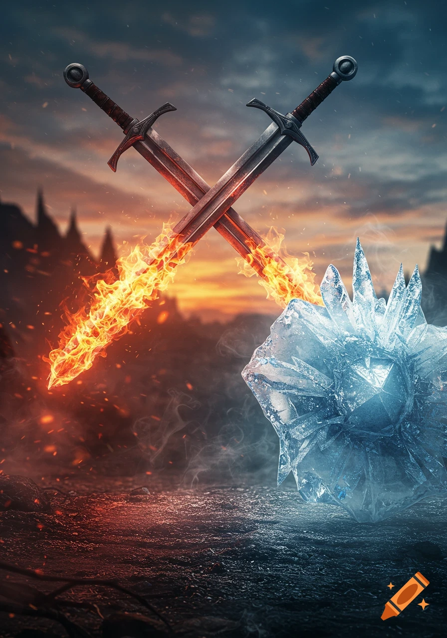 Two fire swords crossed over a dramatic landscape with a large ice crystal in the foreground, fantasy art.