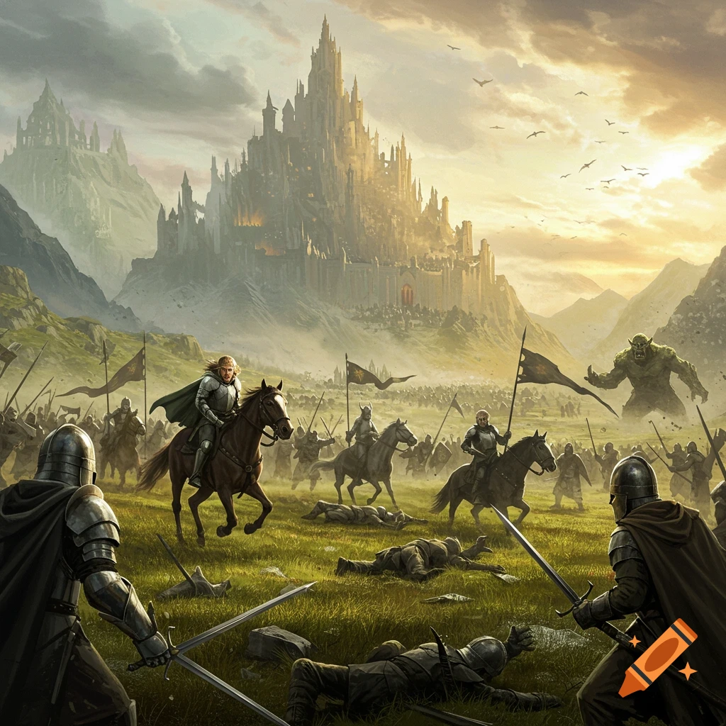Epic fantasy battle with knights on horseback, fallen soldiers, a giant monster, and a grand castle at sunset.