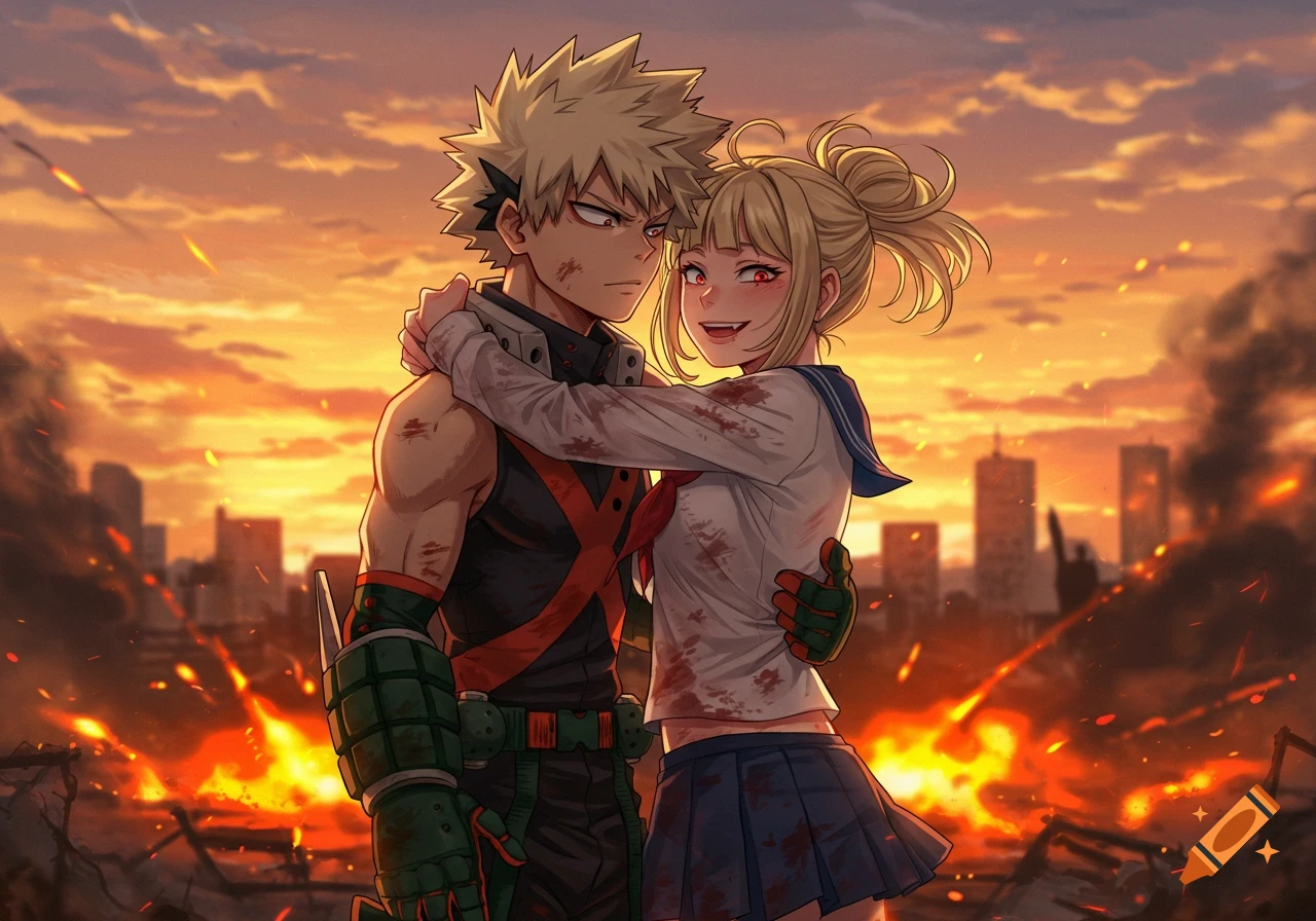 Anime illustration of Bakugo and Toga hugging amidst a burning, ruined city at sunset.