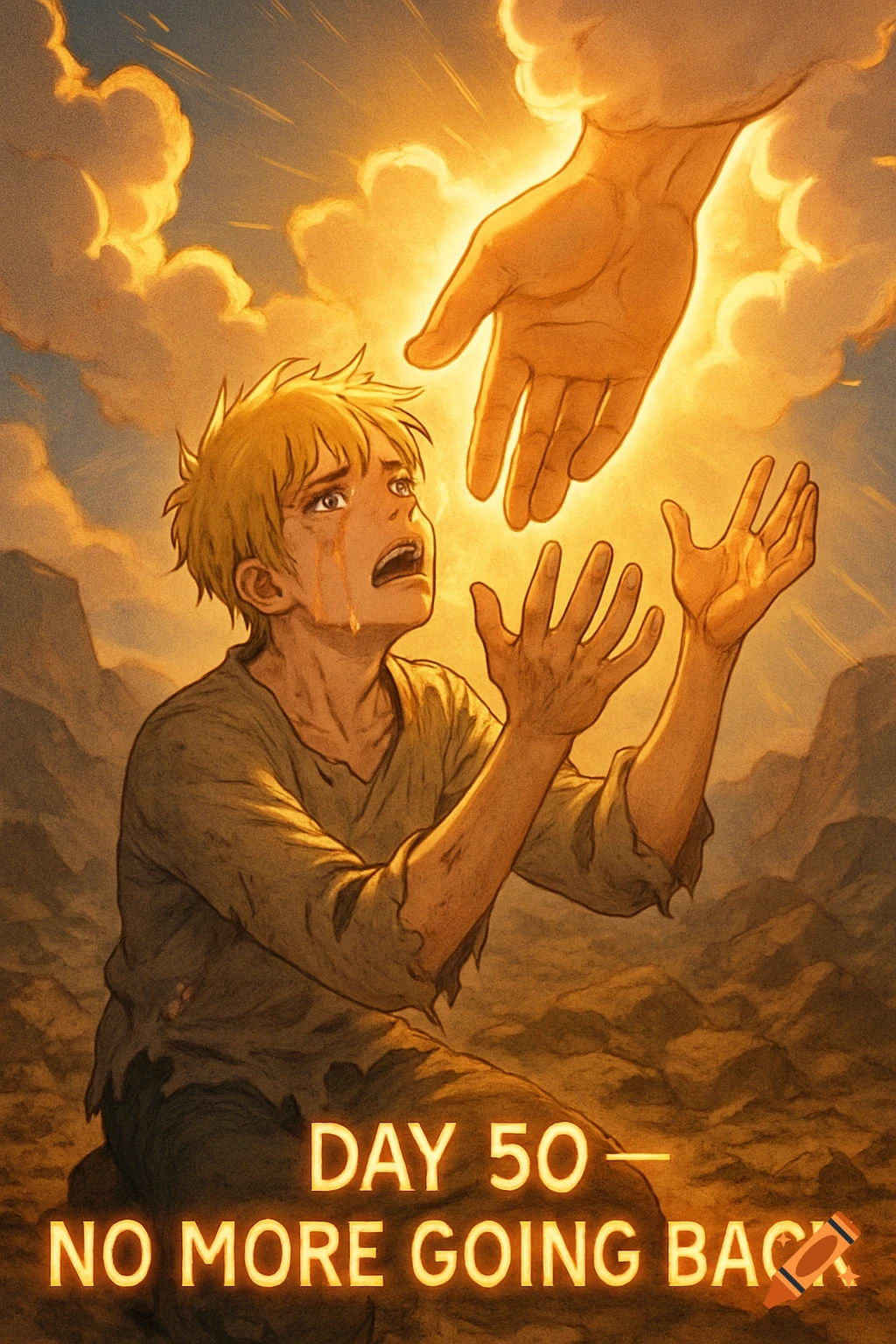 A crying blonde young man kneels in a rocky landscape, reaching up to a radiant divine hand from glowing clouds. Text "Day 50 — No More Going Back" at the bottom.
