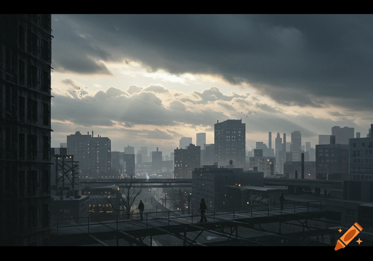 Distant, hazy city under a dramatic, cloudy sky with sun rays, showing tall buildings and people on a foreground platform.