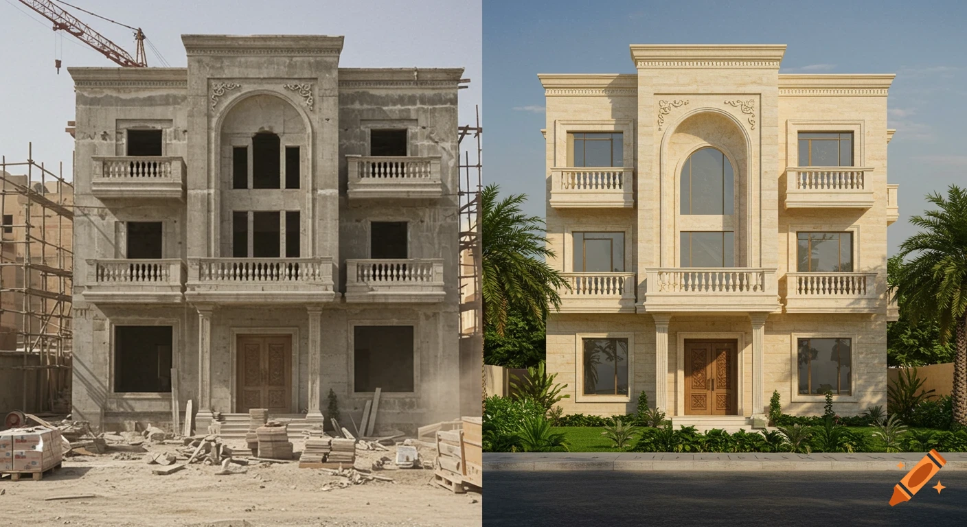 Side-by-side comparison of a concrete villa under construction and its finished facade with travertine stone and landscaping.