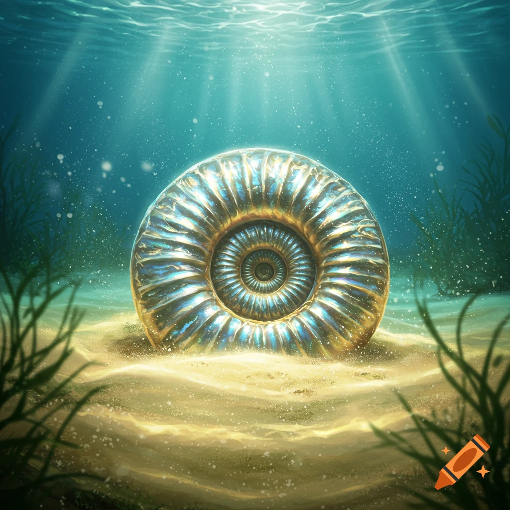 Iridescent ammonite shell on sandy seabed under turquoise water with sunbeams and seaweed.