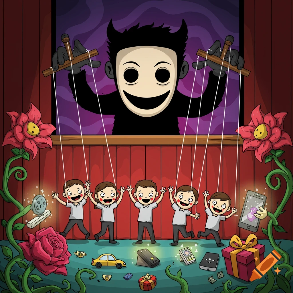 Cartoon of a smiling masked monster controlling five human puppets on strings who reach for glowing material possessions on a stage.
