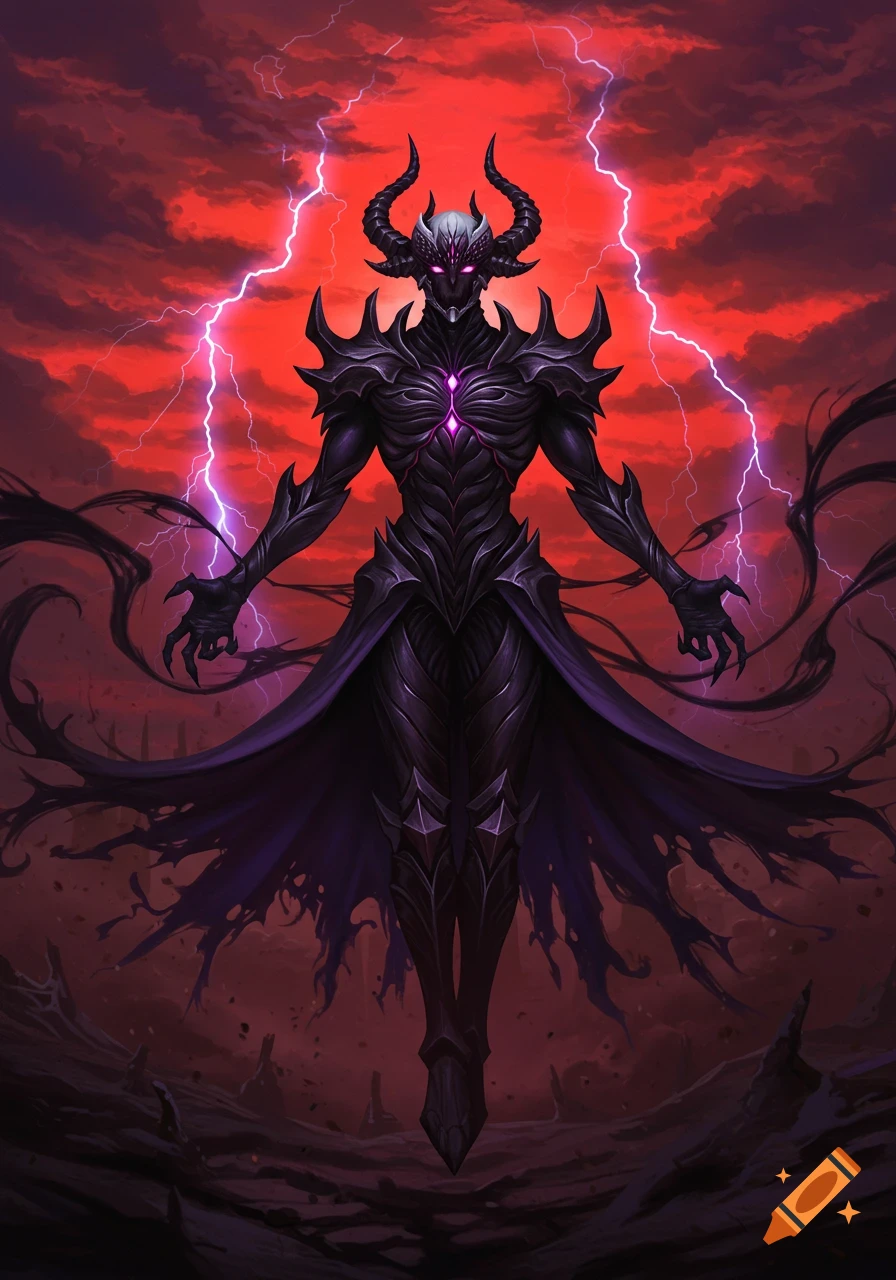 A demonic figure with black armor, glowing purple eyes and chest, stands against a stormy red sky with lightning.