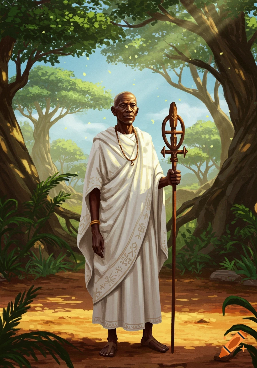 An African elder in white priestly robes holds a sacred staff, standing in a sunlit forest grove. Digital art.