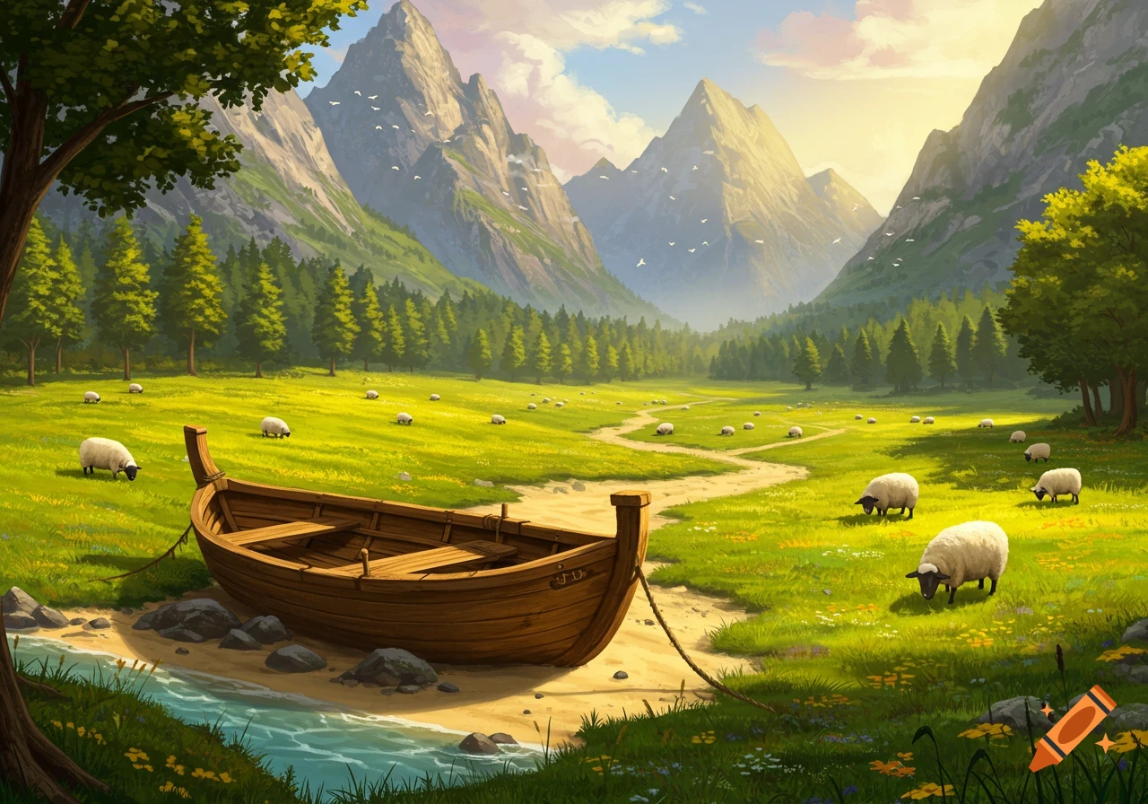 A serene landscape with a wooden boat on a stream bank, green pastures with grazing sheep, pine forests, and towering mountains under a sunny sky.