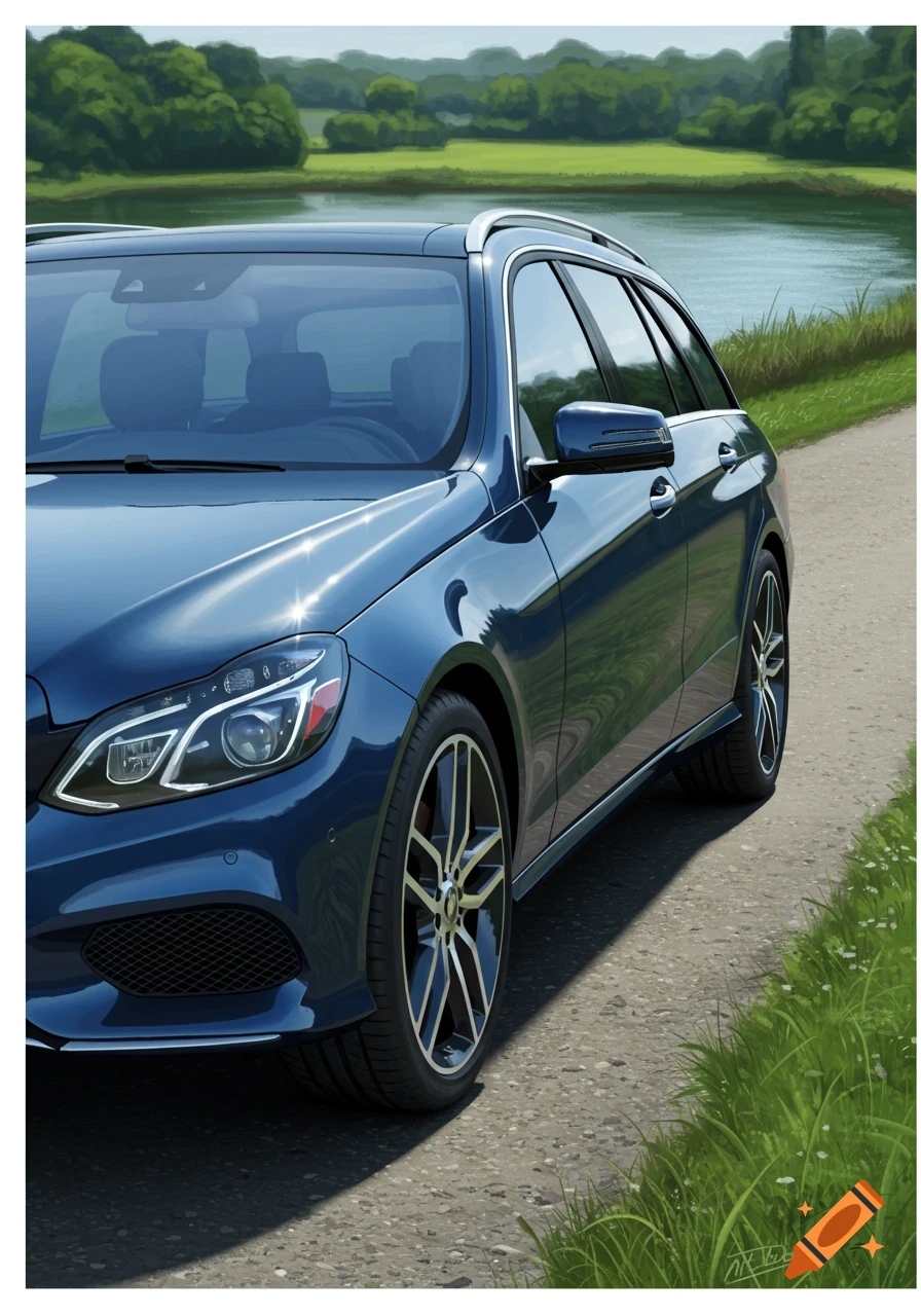 A dark blue Mercedes-Benz E-Class estate car is parked on a dirt road beside a lake with green trees in the background, in a photorealistic style.