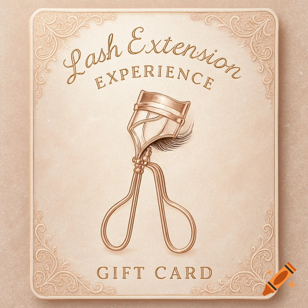 A vintage-style gift card for a lash extension experience, featuring an ornate eyelash curler illustration.